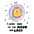 I love you to the moon and back. cartoon lion, hand drawing lettering, decor elements. Colorful vector illustration for kids. flat Royalty Free Stock Photo