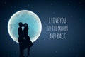 I love you to the moon and back. Cute positive lover slogan with full moon and lovers in hot air. Use for wishes