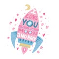 I love you to the moon and back. Hand drawn poster with a romantic quote, hearts ans stars. Flat vector hand drawn