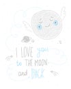 I love you to the moon and back lettering quote hand drawn cute card design Royalty Free Stock Photo