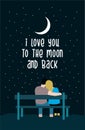 I love you to the moon and back typography lettering poster with romantic silhouette of loving couple on a bench Royalty Free Stock Photo