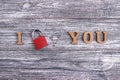 I love you, wooden lettering, gray background, postcard Happy Valentine day, flat lay Royalty Free Stock Photo