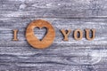 I love you, wooden lettering, gray background, postcard Happy Valentine day, flat lay Royalty Free Stock Photo