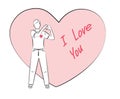 I love you. Young man, folding his hands in form of a heart, confesses his love. Design for print, postcard, poster, party