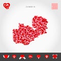 I Love Zambia. Red Hearts Pattern Vector Map of Zambia. Love Icon Set
