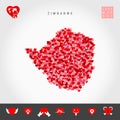 I Love Zimbabwe. Red Hearts Pattern Vector Map of Zimbabwe. Love Icon Set
