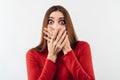 Image of young scared woman covering her mouth with hands. Fright, phobia and facial expression concept Royalty Free Stock Photo