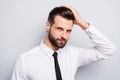 I`m handsome. Closeup photo of macho business man touch arm groomed neat hairdo teasing hot tender look wear white Royalty Free Stock Photo