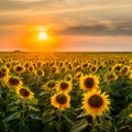 Field of sunflowers with a sunset AI generated Royalty Free Stock Photo