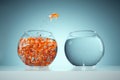 I\'m not like others - be different concept - goldfish jumping in a bigger fish bowl