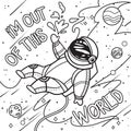 I`m out of this world. Contour print with cartoon astronaut flies with leaves in outer space