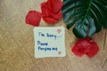 I`m Sorry. Please Forgive Me write on sticky notes isolated on Wooden Table