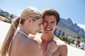 I met my true love this summer. Portrait of a happy young couple enjoying a romantic day on the beach. Royalty Free Stock Photo