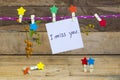 I miss you message card handwriting with colorful wooden star clips hang pink rope decoration postcard style