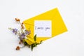 I miss you message card handwriting with yellow envelope, yellow flower ylang ylang Royalty Free Stock Photo