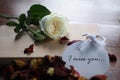 I miss you. Romantic note message written on white paper tag label with background of white rose lying  and dried petals scattered Royalty Free Stock Photo