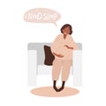 I need sleep. Tired pregnant woman sits on chair. African-American woman suffers during pregnancy. Anxiety, stress