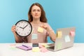 I need some break! Exhausted fatigued upset woman employee sitting at workplace office, all covered with sticky notes