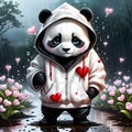 I noticed a sad scene a panda standing and wearing a hoodie, with a broken heart lying on the ground next to them.