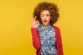 I am okay! Portrait of optimistic happy woman with curly hair in jeans shirt showing ok gesture and winking