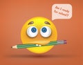 Am I ready for school text question in speech bubble and funny sad smiley with facial expression or emotion and big green pencil i