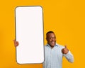 I recommend. Mature black man holding huge smartphone with white blank screen in hand and showing thumb up, mockup