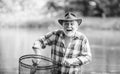 I am retired. summer weekend. fisherman with fishing rod. pothunter. man catching fish. retired bearded fisher. big game Royalty Free Stock Photo