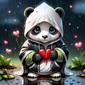 I saw a cute panda wearing a hoodie, wandering around in the rain. It was a strange sight, but somehow endearing.