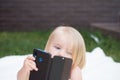 I see you. New technology for children. Small child make video call with smartphone. Small girl with mobile phone. Girl Royalty Free Stock Photo