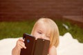 I see you. New technology for children. Small child make video call with smartphone. Small girl with mobile phone. Girl Royalty Free Stock Photo