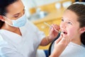 I see youve been brushing well. a young girl have a checkup at the dentist.