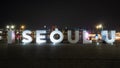 I Seoul U signs around Hangang riverside park and Mapo bridge during winter night at Yeongdeungpo , Seoul South Korea : 5 February Royalty Free Stock Photo