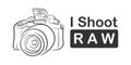 I Shoot RAW, a hand drawn vector line art of a digital mirrorless camera with I Shoot RAW caption