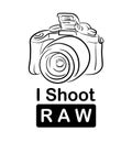 I Shoot RAW, a hand drawn vector line art of a digital mirrorless camera with I Shoot RAW caption