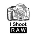 I Shoot RAW, a hand drawn vector line art of a digital mirrorless camera with I Shoot RAW caption