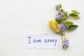 I i am sorry message card handwriting with ylang flower Royalty Free Stock Photo