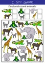 I spy animals educational game for kids. Math worksheet for kindergarten, school, preschool. Development of numeracy skills Royalty Free Stock Photo