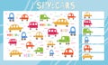 I spy game. Childrens educational fun. Count how many cars. Flat hand drawn automobile, van, machine and word. Vector template Royalty Free Stock Photo