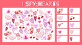 I spy game. Childrens educational fun. Count how many elements. Doodle hearts with hatching, arrows and wings. Valentines Day