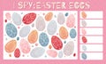 I spy game. Childrens educational fun. Count how many elements. Easter egg with folk decorations. Vector festive template