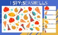 I spy game. Childrens educational fun. Count how many elements. Marine seashells with folk decorations. Vector summer template