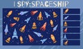 I spy game. Childrens educational fun. Count how many space shuttle. Outline cartoon rocket, aerospace vehicle