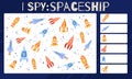 I spy game. Childrens educational fun. Count how many space shuttle. Outline cartoon rocket, pacecraft, aerospace vehicle. Vector