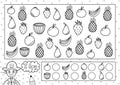 I spy game coloring page for kids. Find and count fruits Royalty Free Stock Photo