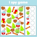 I spy game. Find and count. Christmas and new year holidays theme activity for kids, toddlers, children