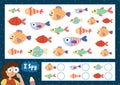 I spy game for kids. Find and count the cute fish. Sea life puzzle for children