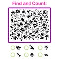 I spy game for kids. Searching and counting activity for preschool children with dino theme objects. Funny printable