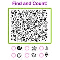 I spy game for kids. Searching and counting activity for preschool children with dino theme objects. Funny printable