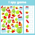 I spy game for toddlers. Find and count objects. Counting educational children activity. Christmas and new year holidays theme