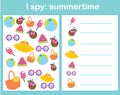 I spy game for toddlers. Find and count objects. Counting educational children activity. Summertime theme